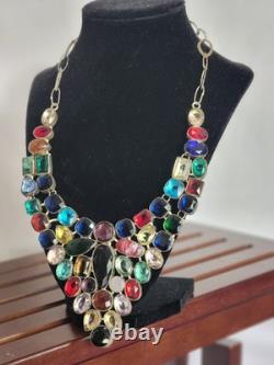 VTG 925 Sterling Silver Multicolor Glass & Natural Stone Bib Statement Necklace