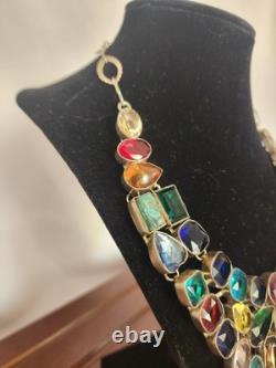 VTG 925 Sterling Silver Multicolor Glass & Natural Stone Bib Statement Necklace
