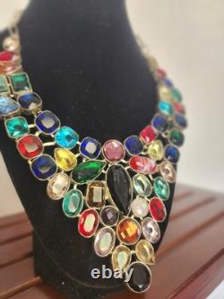 VTG 925 Sterling Silver Multicolor Glass & Natural Stone Bib Statement Necklace