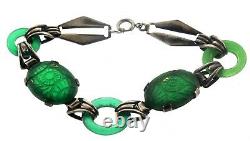 VTG Art Deco Sterling Carved Emerald Glass Donut Link BRACELET