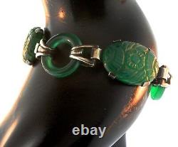 VTG Art Deco Sterling Carved Emerald Glass Donut Link BRACELET