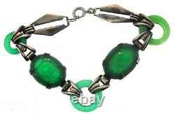 VTG Art Deco Sterling Carved Emerald Glass Donut Link BRACELET