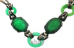 VTG Art Deco Sterling Carved Emerald Glass Donut Link BRACELET