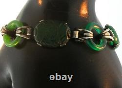 VTG Art Deco Sterling Carved Emerald Glass Donut Link BRACELET