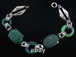 VTG Art Deco Sterling Carved Emerald Glass Donut Link BRACELET