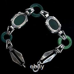 VTG Art Deco Sterling Carved Emerald Glass Donut Link BRACELET