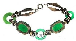 VTG Art Deco Sterling Carved Emerald Glass Donut Link BRACELET