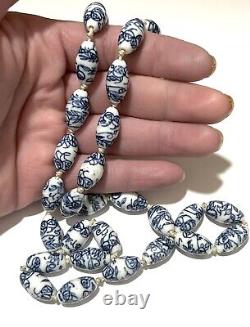 VTG CHINESE EXPORT Flow Blue Hand-Knotted Glass Sterling Silver NECKLACE