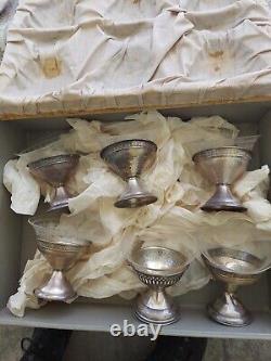 VTG Estate 925 Sterling Silver Sherbet Dessert Cups with Etched Glass boxed