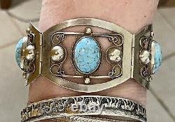 VTG MEXICO Sterling Silver HUBBELL GLASS Panel BRACELET 40g