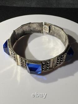VTG Mexico Sterling Silver Blue Glass Bracelet Signed AP. Rare Piece