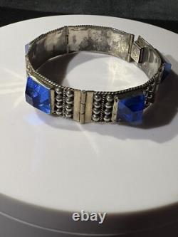 VTG Mexico Sterling Silver Blue Glass Bracelet Signed AP. Rare Piece