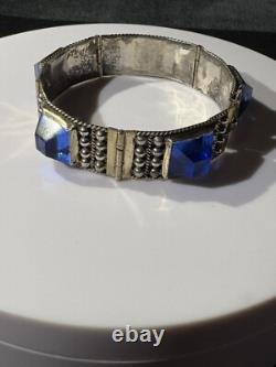 VTG Mexico Sterling Silver Blue Glass Bracelet Signed AP. Rare Piece