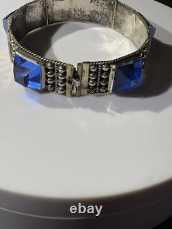 VTG Mexico Sterling Silver Blue Glass Bracelet Signed AP. Rare Piece