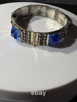 VTG Mexico Sterling Silver Blue Glass Bracelet Signed AP. Rare Piece