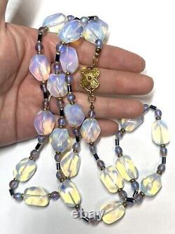 VTG OPALINE Glass Sterling Silver Flapper NECKLACE -Gold Gilt Butterfly Clasp