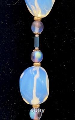 VTG OPALINE Glass Sterling Silver Flapper NECKLACE Gold Gilt Butterfly Clasp