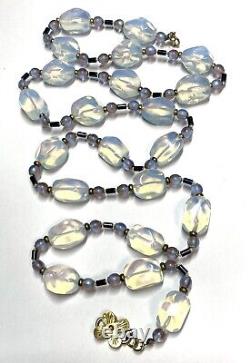VTG OPALINE Glass Sterling Silver Flapper NECKLACE -Gold Gilt Butterfly Clasp