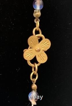 VTG OPALINE Glass Sterling Silver Flapper NECKLACE Gold Gilt Butterfly Clasp