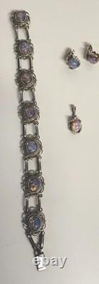 VTG Sterling Silver Dragons Breath Art Glass Cabochon Bracelet Pendant Earrings