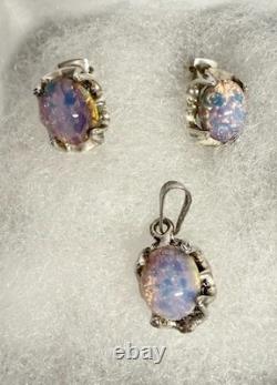 VTG Sterling Silver Dragons Breath Art Glass Cabochon Bracelet Pendant Earrings