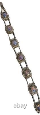 VTG Sterling Silver Filigree Dragons Breath Art Glass Cabochon Link Bracelet 8