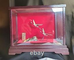 VTG Sterling Silver Japanese Red Crested Tsuru Birds And Turtle In Glass Case