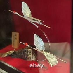 VTG Sterling Silver Japanese Red Crested Tsuru Birds And Turtle In Glass Case