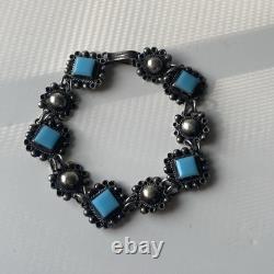 VTG Sterling Silver RMM Mexico 40s/50s Ornate Turquoise Glass Panel Bracelet 14g