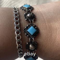 VTG Sterling Silver RMM Mexico 40s/50s Ornate Turquoise Glass Panel Bracelet 14g
