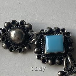VTG Sterling Silver RMM Mexico 40s/50s Ornate Turquoise Glass Panel Bracelet 14g
