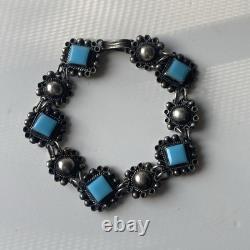 VTG Sterling Silver RMM Mexico 40s/50s Ornate Turquoise Glass Panel Bracelet 14g