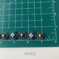 VTG Sterling Silver RMM Mexico 40s/50s Ornate Turquoise Glass Panel Bracelet 14g