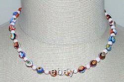 VTG Sterling Silver Red Multi-Color MILLEFIORE Glass Bead Beaded Choker Necklace