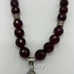 VTG Sterling Silver Ruby Pendant on Cranberry Glass Necklace