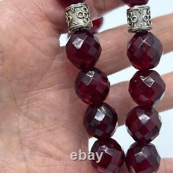 VTG Sterling Silver Ruby Pendant on Cranberry Glass Necklace