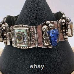 VTG Taxco Sterling Silver 925 Aztec Mayan Mask Bracelet Blue Glass Abalone Panel