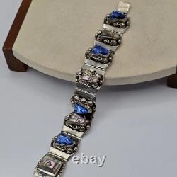 VTG Taxco Sterling Silver 925 Aztec Mayan Mask Bracelet Blue Glass Abalone Panel