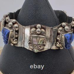 VTG Taxco Sterling Silver 925 Aztec Mayan Mask Bracelet Blue Glass Abalone Panel