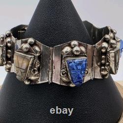 VTG Taxco Sterling Silver 925 Aztec Mayan Mask Bracelet Blue Glass Abalone Panel