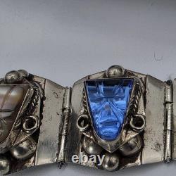 VTG Taxco Sterling Silver 925 Aztec Mayan Mask Bracelet Blue Glass Abalone Panel