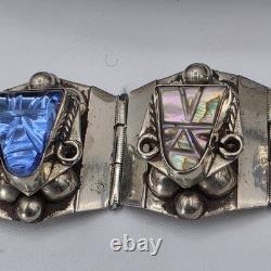 VTG Taxco Sterling Silver 925 Aztec Mayan Mask Bracelet Blue Glass Abalone Panel