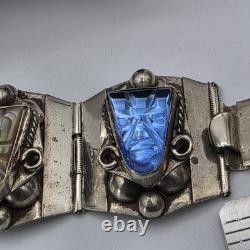 VTG Taxco Sterling Silver 925 Aztec Mayan Mask Bracelet Blue Glass Abalone Panel