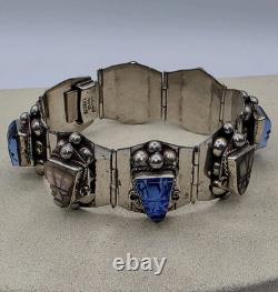 VTG Taxco Sterling Silver 925 Aztec Mayan Mask Bracelet Blue Glass Abalone Panel