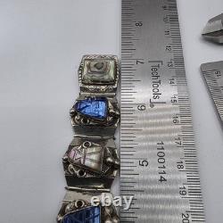 VTG Taxco Sterling Silver 925 Aztec Mayan Mask Bracelet Blue Glass Abalone Panel