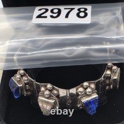 VTG Taxco Sterling Silver 925 Aztec Mayan Mask Bracelet Blue Glass Abalone Panel