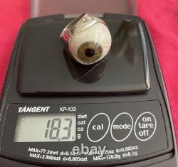 Very Rare Vintage Realistic Glass Eye Cabochon Ring in Sterling Silver
