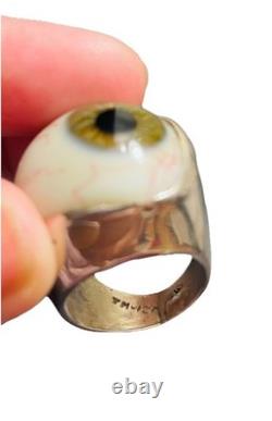 Very Rare Vintage Realistic Glass Eye Cabochon Ring in Sterling Silver