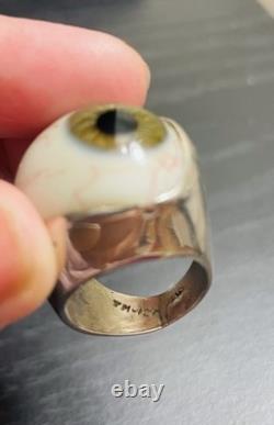 Very Rare Vintage Realistic Glass Eye Cabochon Ring in Sterling Silver