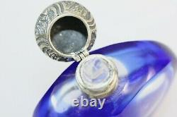 Victorian Bottle Blue Colour Glass overlay Perfume scent bottle Silver Top